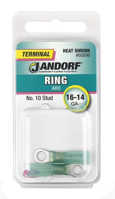 Jandorf Ring Terminal, 16 to 14 AWG Wire, #10 Stud, Green #60896 Jandorf