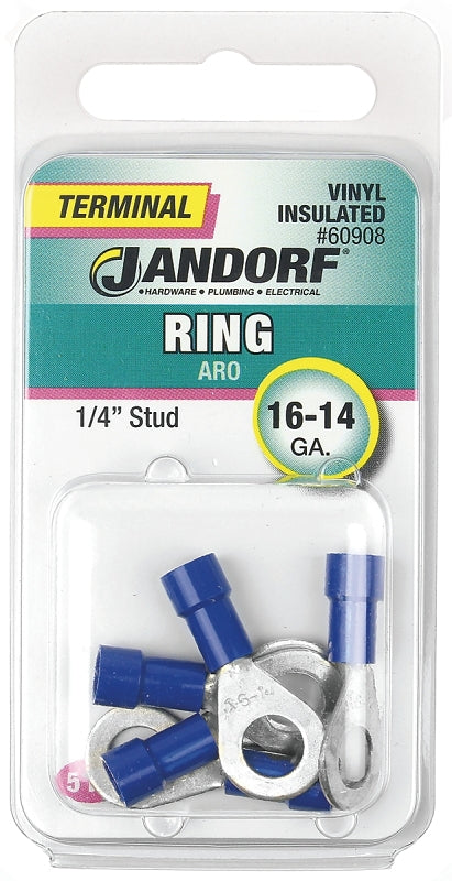 Jandorf Ring Terminal, 16 to 14 AWG Wire, Vinyl Insulation, Copper Contact, Tin Contact Coating, 1/4 in Stud, Blue #60908 Jandorf
