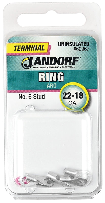 Jandorf Ring Terminal, 22 to 18 AWG Wire, #6 Stud, Copper Contact, 5/PK #60967 Jandorf