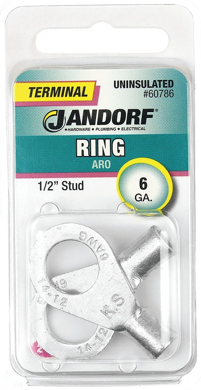 Jandorf Ring Terminal, 6 AWG Wire, Copper Contact, Tin Contact Coating, 1/2 in Stud #60786 Jandorf