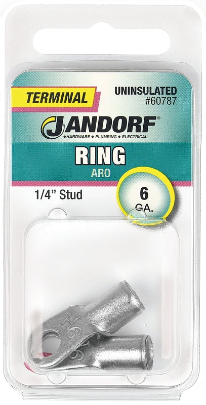 Jandorf Ring Terminal, 6 AWG Wire, Copper Contact, Tin Contact Coating, 1/4 in Stud #60787 Jandorf