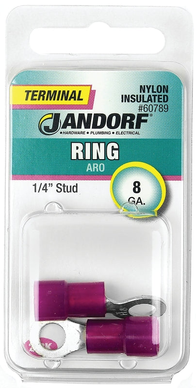 Jandorf Ring Terminal, 8 AWG Wire, 1/4 in Stud, Nylon Insulation, Copper Contact, Red #60789 Jandorf