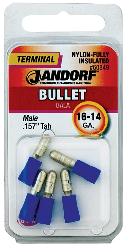 Jandorf Bullet Terminal, 600 V, 16 to 14 AWG Wire, Nylon Insulation, Copper Contact, Blue, 5/PK #60849 Jandorf