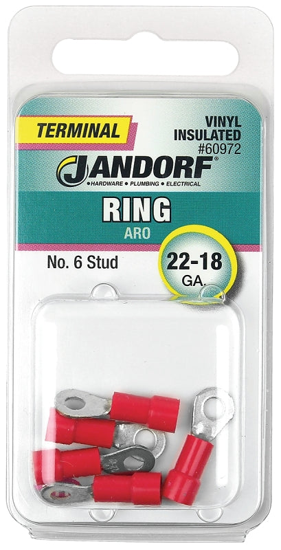 Jandorf Ring Terminal, 22 to 18 AWG Wire, #6 Stud, Vinyl Insulation, Copper Contact, Red #60972 Jandorf