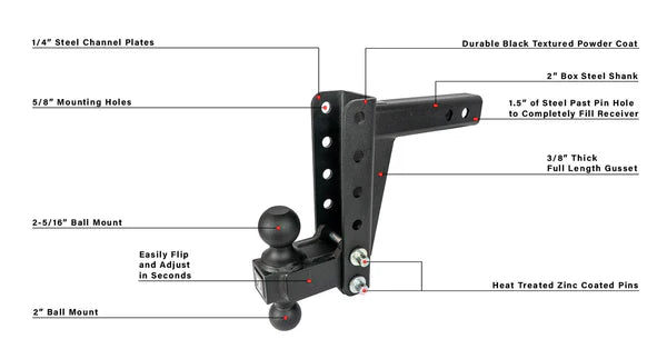 Bulletproof Medium Duty 6" Drop or Rise Hitch - 2" Box Steel Shank