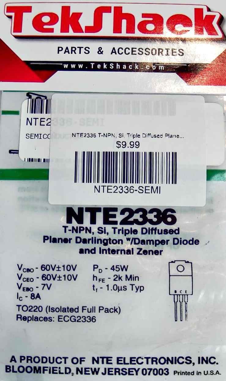 NTE2336 T-NPN, Si, Triple Diffused Planer Darlington Damper Diode and internal Zener NTE