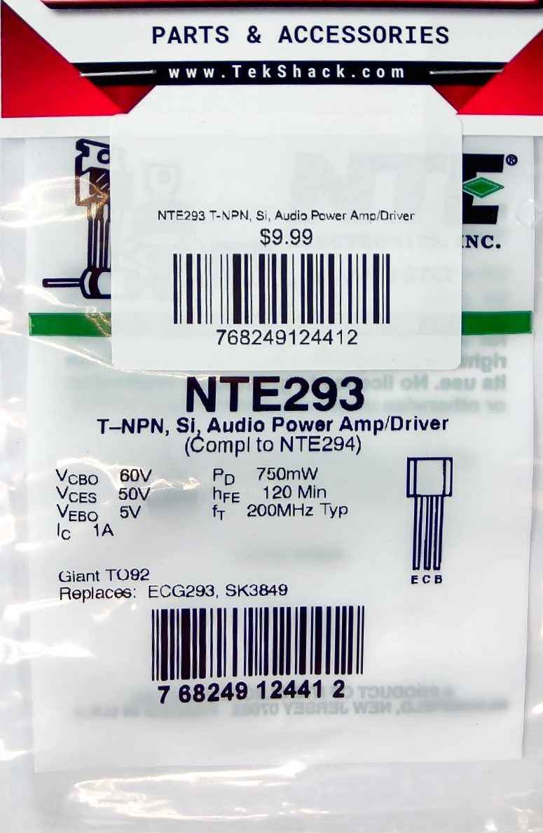 NTE293 T-NPN, Si, Audio Power Amp/Driver NTE