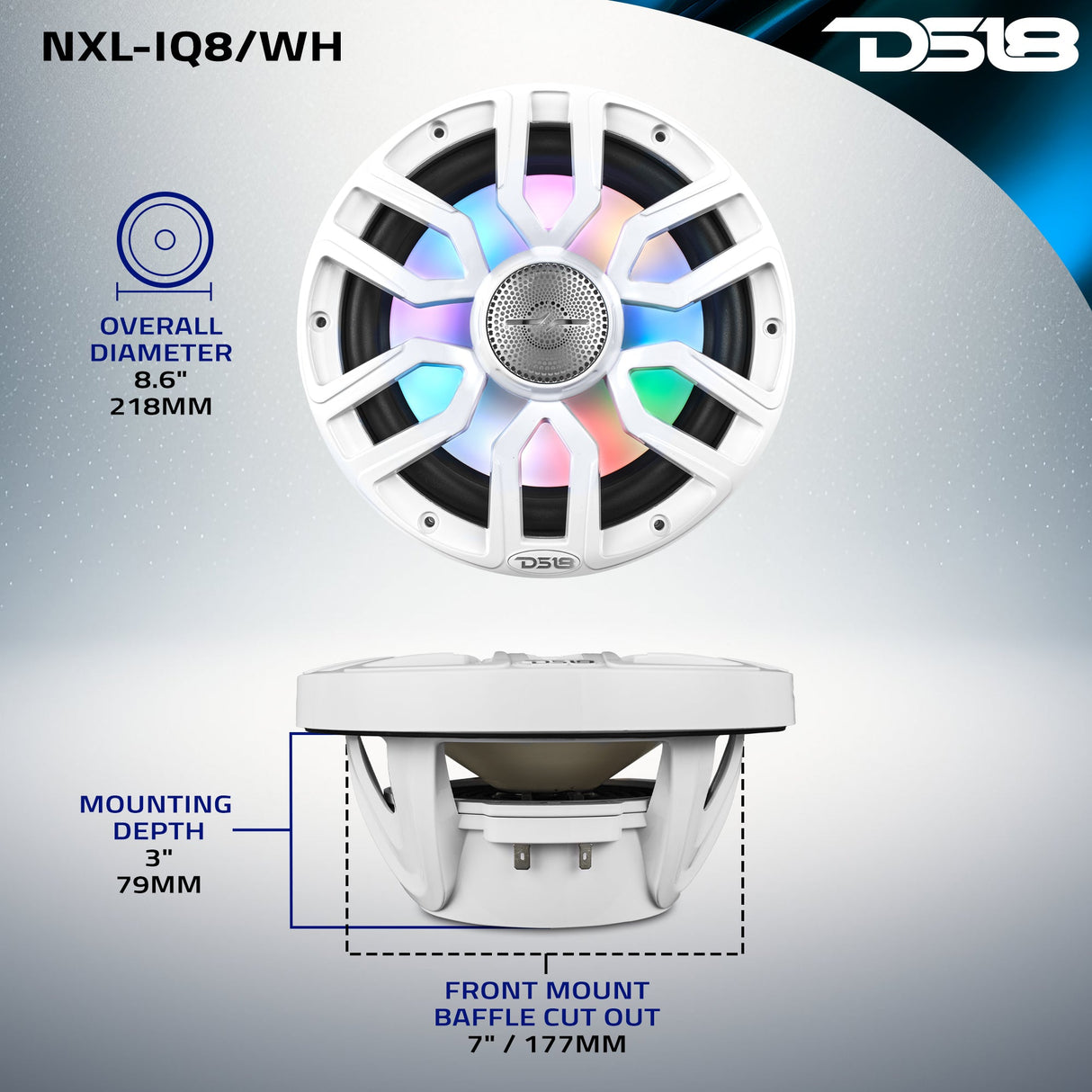 NXL 8" 2-Way Coaxial Marine Speaker with Bullet Tweeter and Digital Led Lights | 175W RMS 4-Ohm