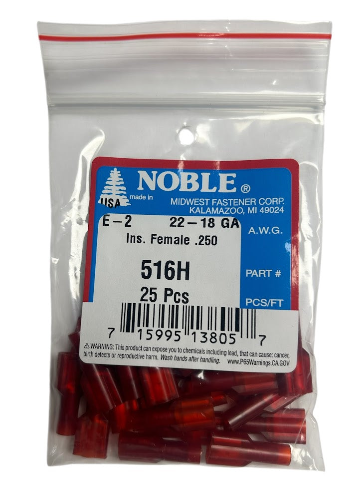 Noble Female Fully Insulated Nylon Disconnect Terminal – .250 Tab, 22-18 GA, 25-Pack #516H Noble