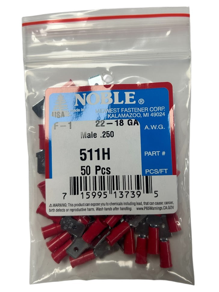 Noble Male Vinyl Disconnect Terminal – .250 Tab, 22-18 GA, 50-Pack #511H Noble