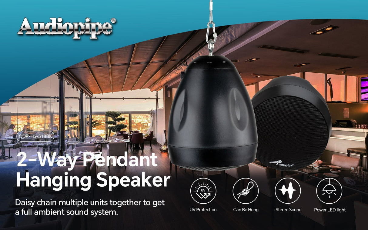 5-1/4” 2-Way Pendant Hanging Speaker (ODP-HS-518BK), Sold individually Audiopipe