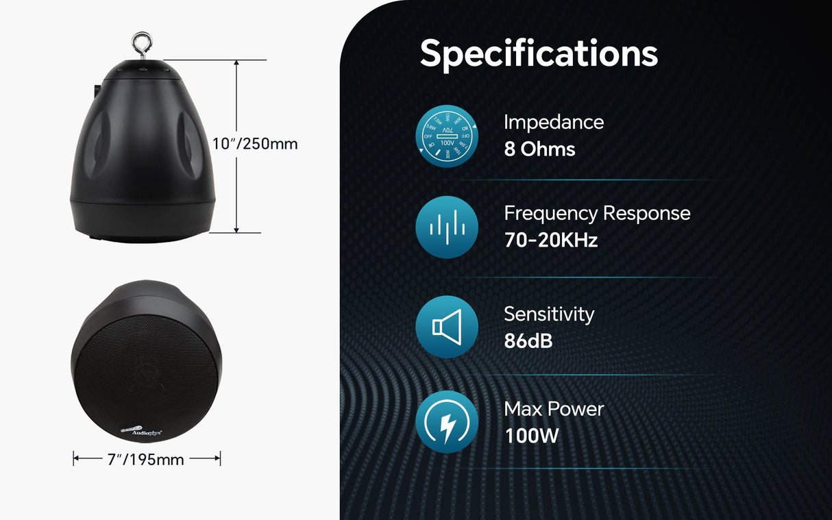 5-1/4” 2-Way Pendant Hanging Speaker (ODP-HS-518BK), Sold individually Audiopipe