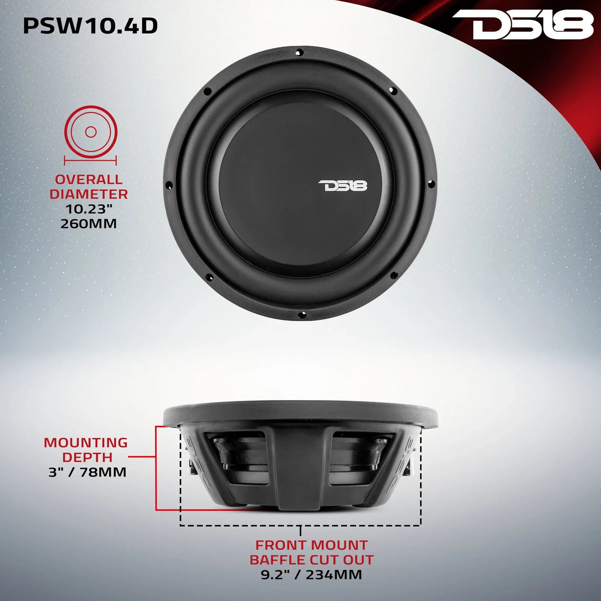 DS18 PSW10.4D 10" 500W RMS Water Resistant Shallow Subwoofer DVC DS18
