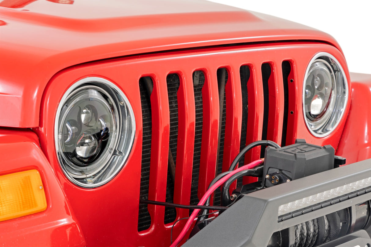 Headlights DRL Halo LED 7 Inch 97-06 Jeep Wrangler TJ 4WD Rough Country