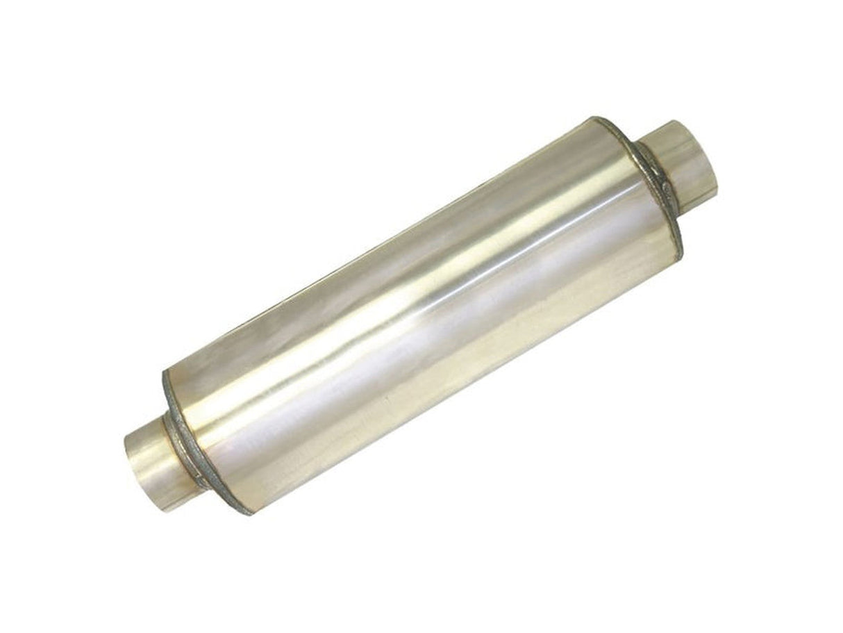 Stainless Steel 8" x 14" Round Muffler, 4" In x 4" Out, 20" Overall Length, Fiberglass Packed Perforated Core, Universal SCS