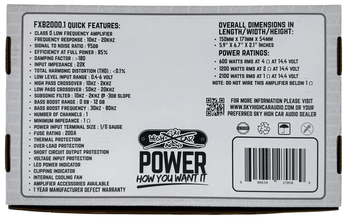 Sky High Car Audio FXB 2000.1 | 2000W RMS Monoblock Amplifier