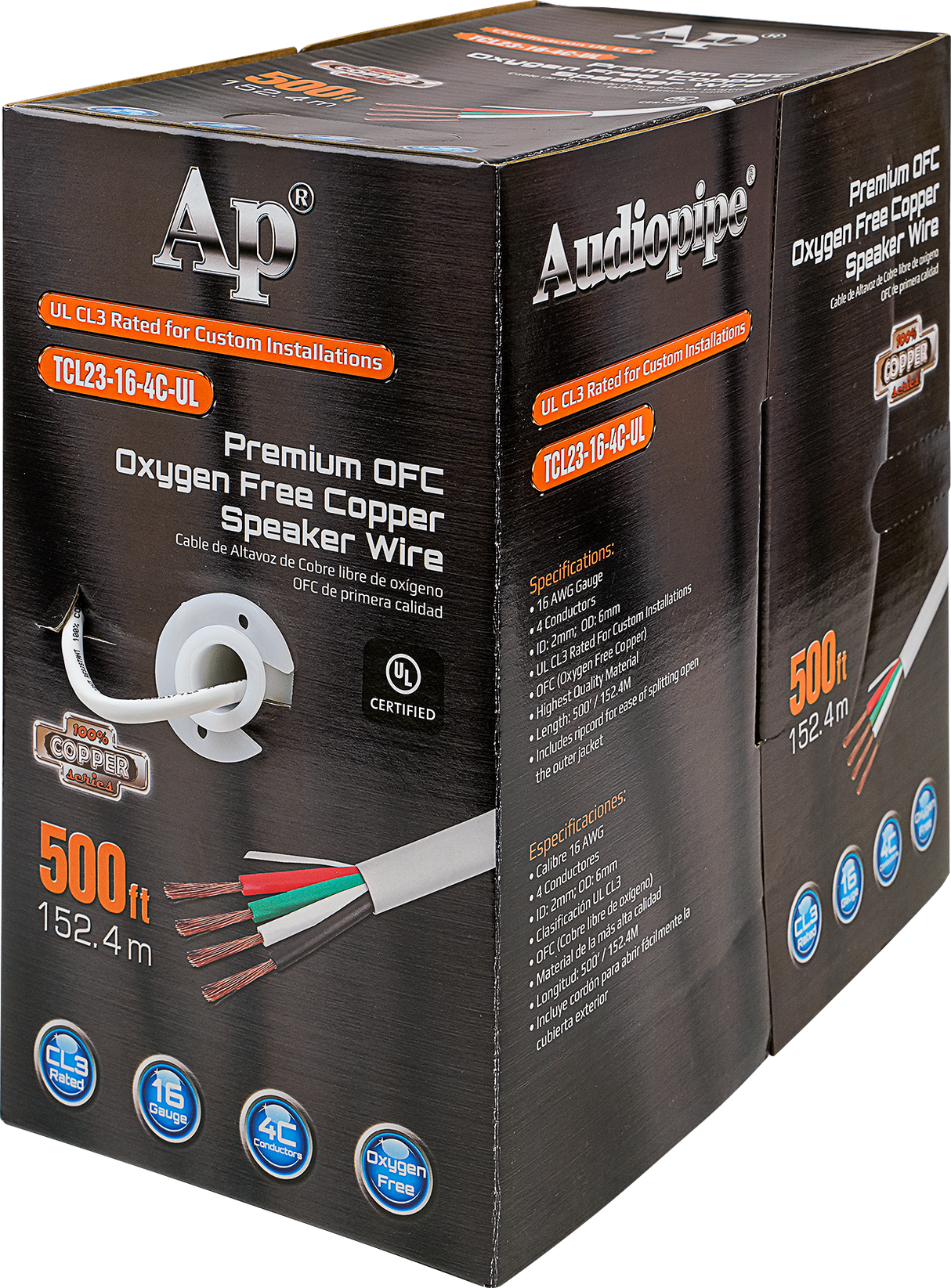 Premium 16 Gauge Oxygen Free Copper Speaker Wire (TCL23-16-4C-UL) Audiopipe