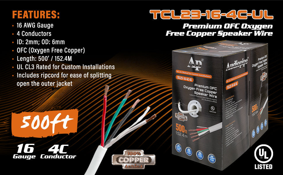 Premium 16 Gauge Oxygen Free Copper Speaker Wire (TCL23-16-4C-UL) Audiopipe
