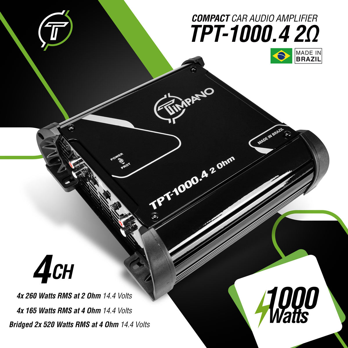 TPT-1000.4 | Compact 4 Channel Car Audio Amplifier – 4 x 260 Watts at 2 Ohms Timpano