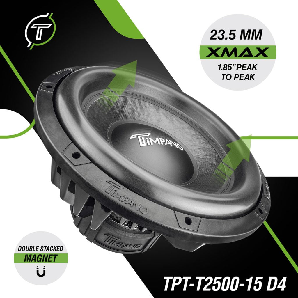 Timpano 15″ Car Audio Subwoofer 2500 Watts Dual 4 Ohm TPT-T2500-15 D4 High Performance Timpano