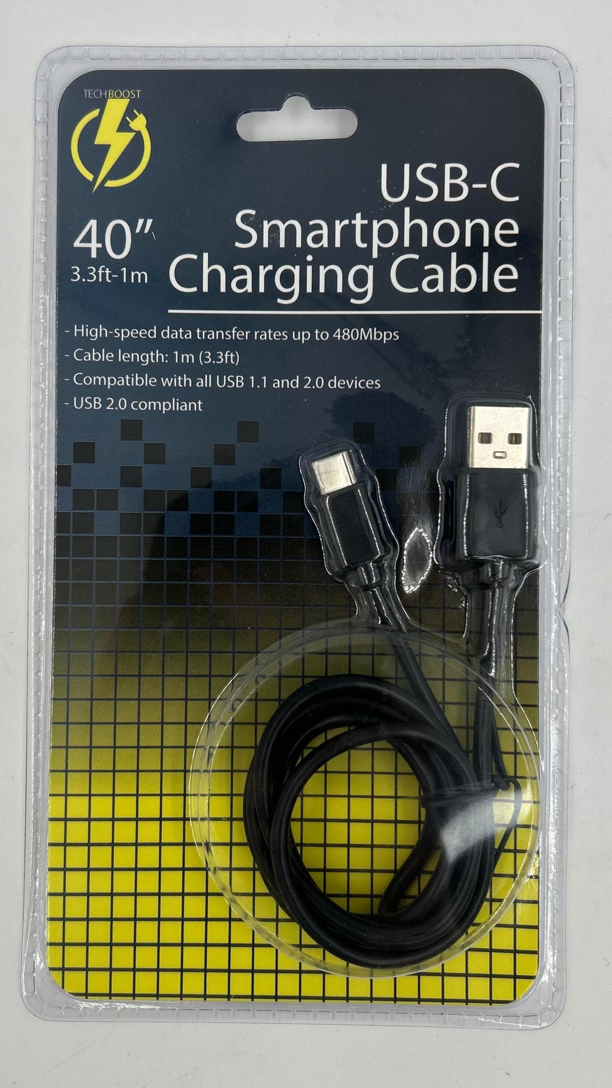 USB-C 40" SmartPhone Charging Cable 3.3 ft BLACK TekShack