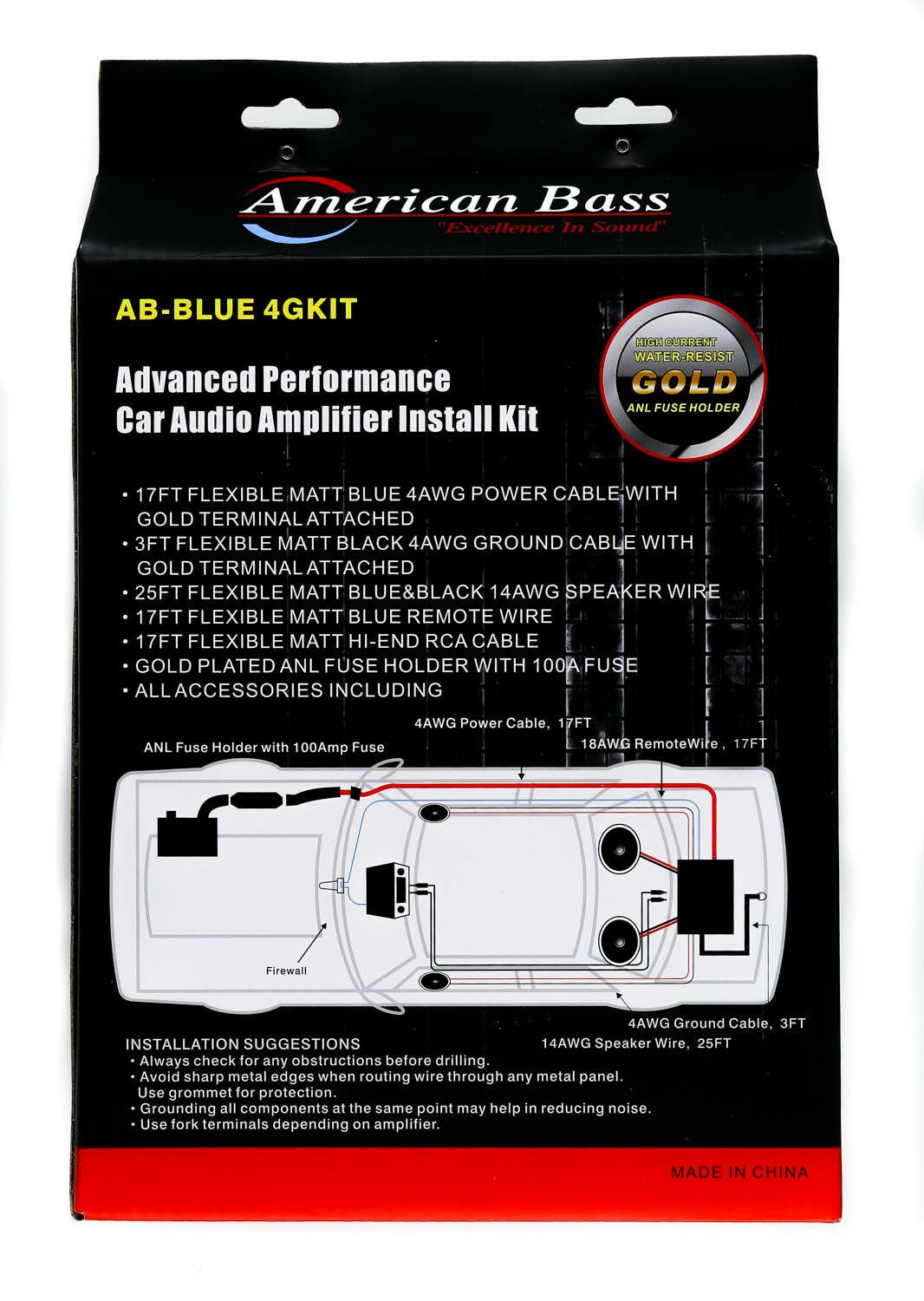 American Bass 4 Gauge Complete CCA (Copper Clad Aluminum) Amplifier Wiring Kit - Car Audio Amp Install Kit with Power, Ground & RCA Cables