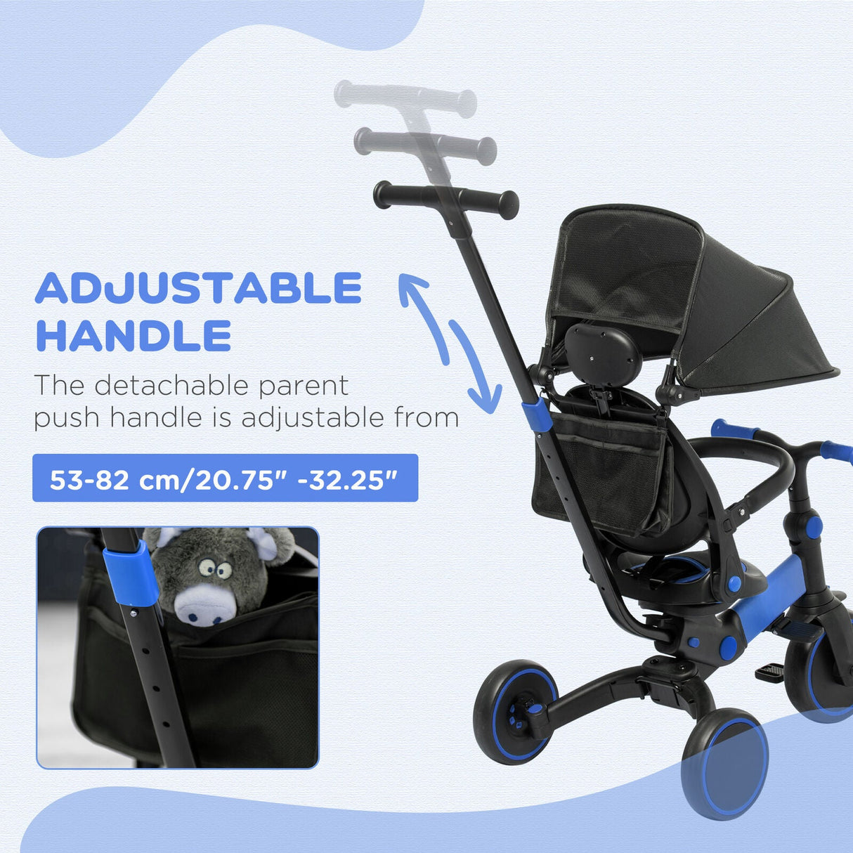 Blue Qaba Toddler Tricycle with Adjustable Push Handle and Durable Aluminum Frame