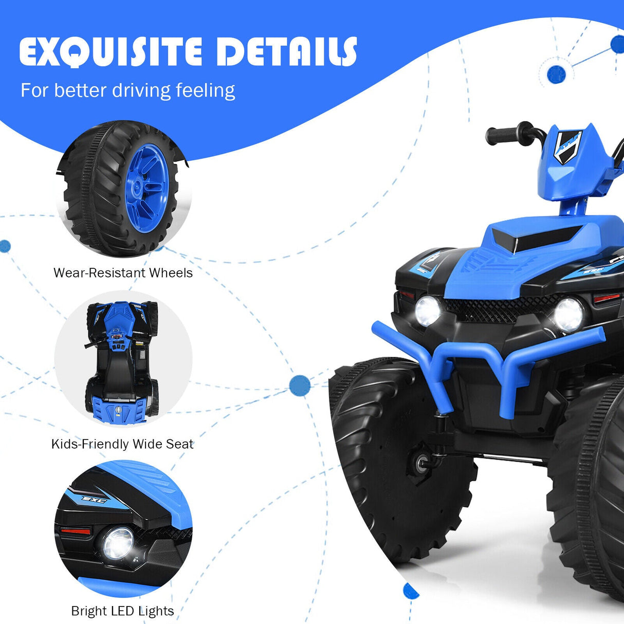 Costway 12V Kids ATV Quad Ride On Car with LED Light & Music - Navy