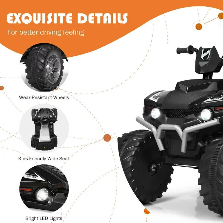 Costway 12V Kids ATV Quad Ride On Car with LED Lights, Music, and USB - Black