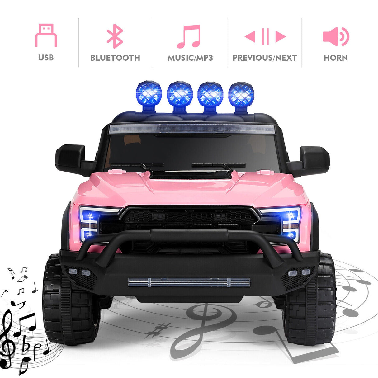 Electric 12V Kids Ride On Pickup Truck with MP3, LED Lights, and 6 Wheels in White and Pink