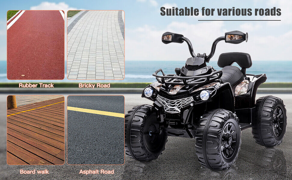 Electric 4-Wheeler Quad for Kids with MP3 and Headlights - 2 Speeds, 12V, Black