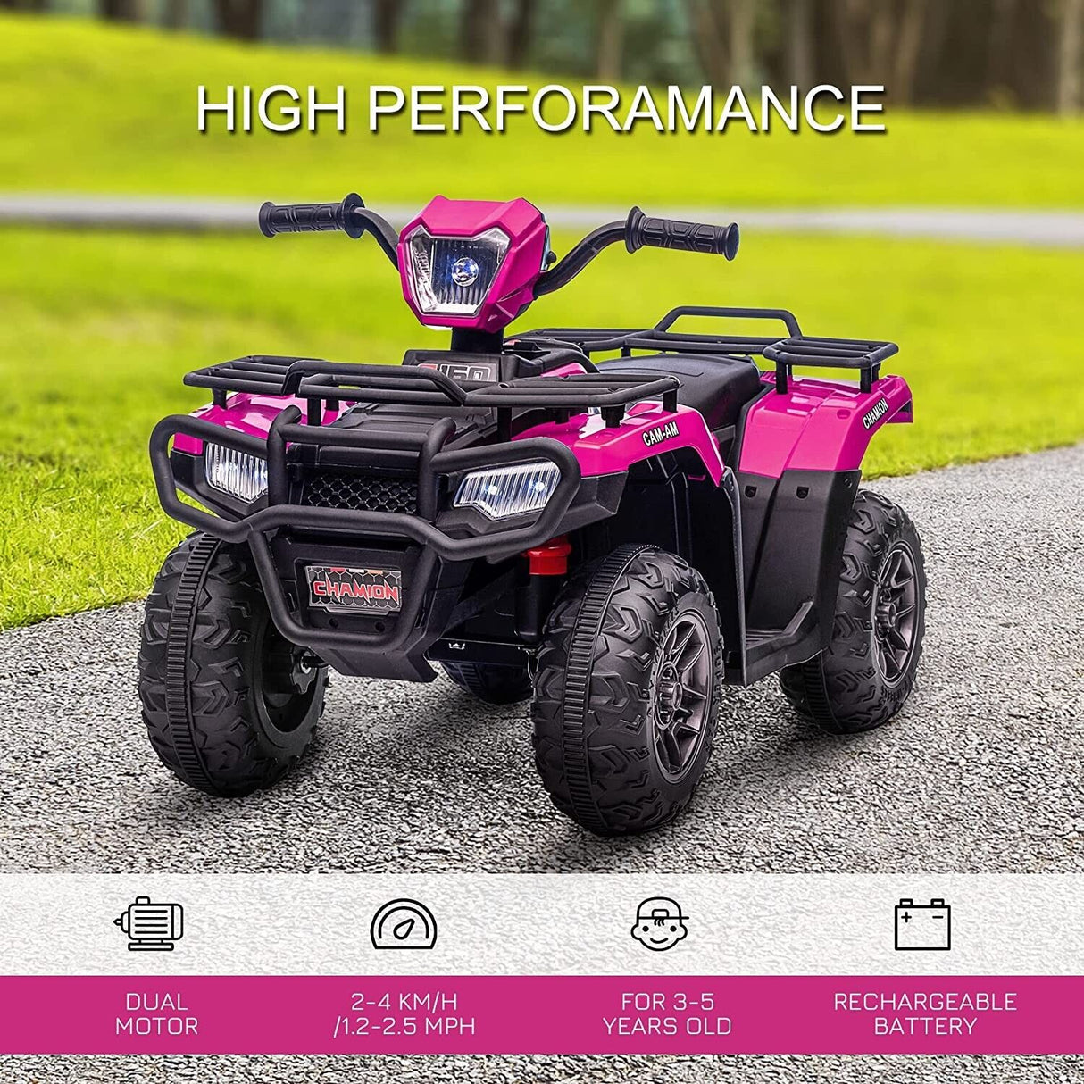 Electric 4-Wheeler Quad for Kids with MP3 and Headlights - 2 Speeds, Pink