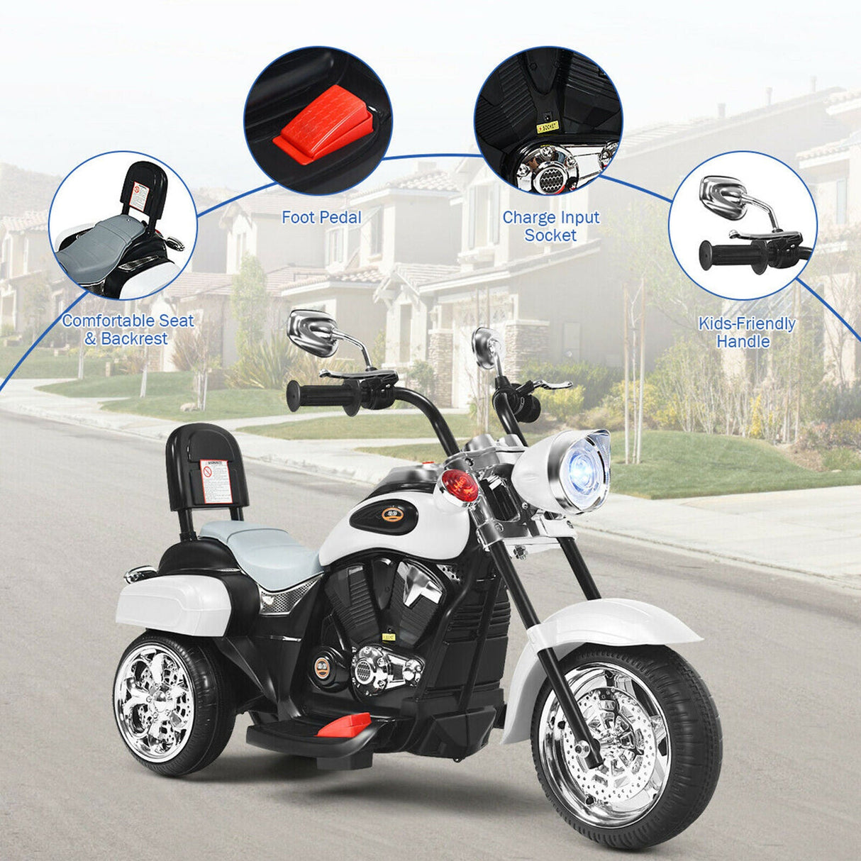 Electric Chopper Motorcycle for Kids with Headlight and 3 Wheels - White