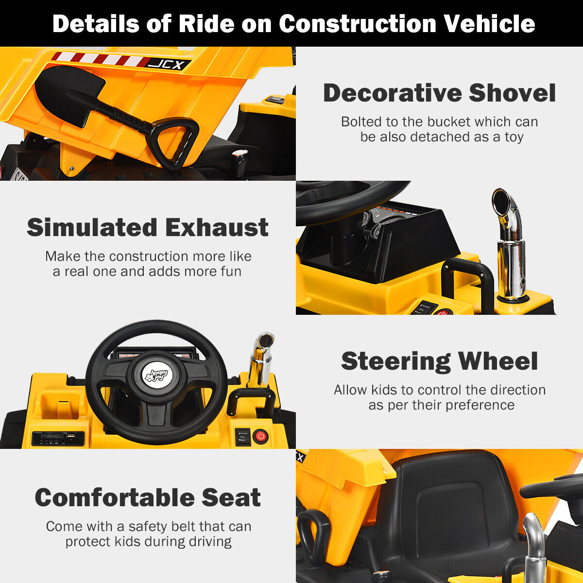 Electric Dump Truck RC Construction Tractor for Kids - 12V Battery Powered with Functional Bucket