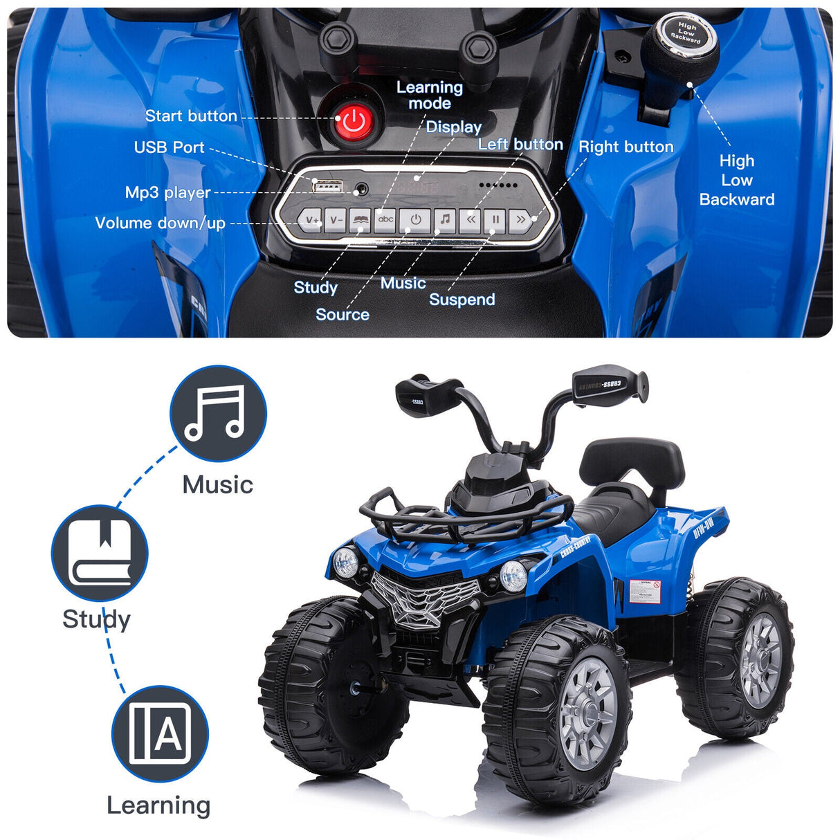 Electric ATV Quad 4-Wheeler Ride On Toy for Kids with LED Lights and USB Port