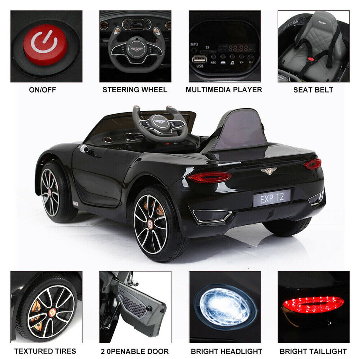 Electric Kids Ride-On Car Bentley Style with Remote Control and LED Lights - Black