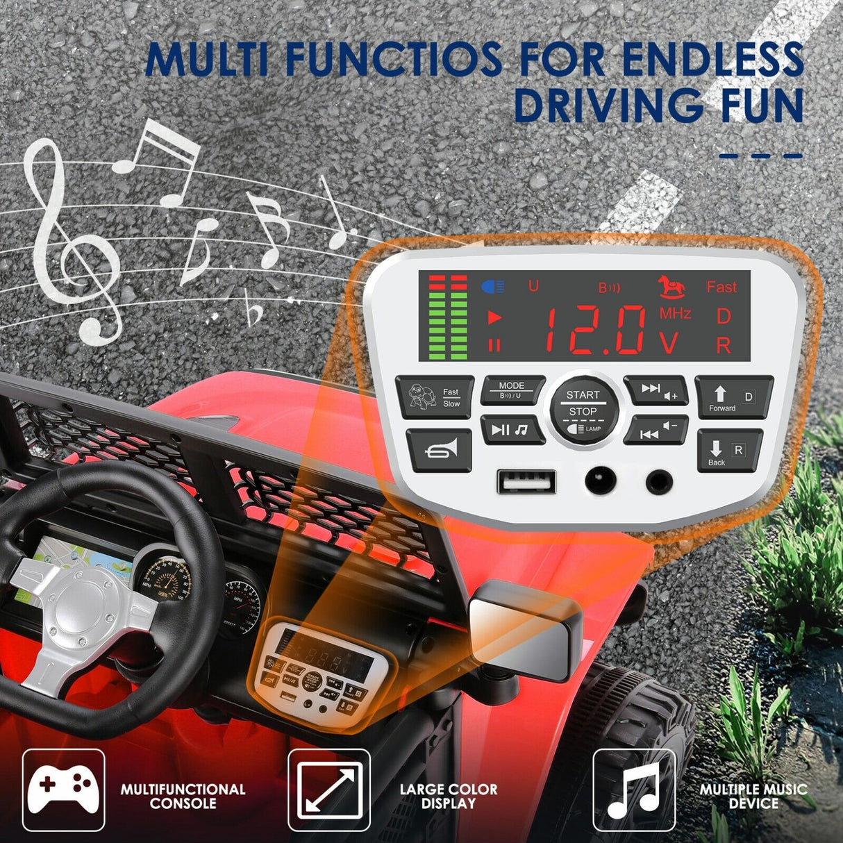 Remote Control Ride-On Car Truck for Kids with Lights, 3 Speeds, USB and MP3 Compatibility