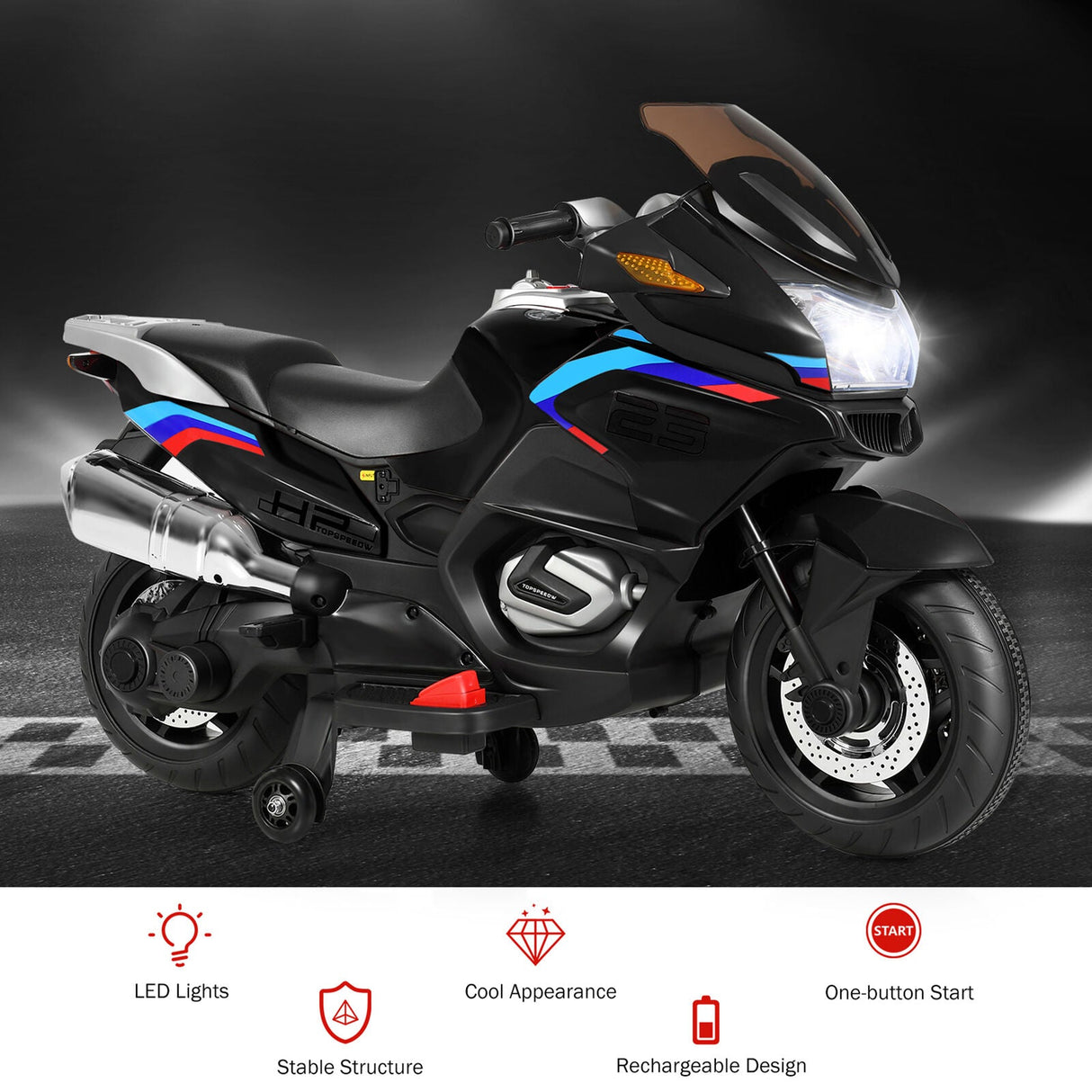 Electric Kids Ride On Motorcycle with Training Wheels - Black (12V)
