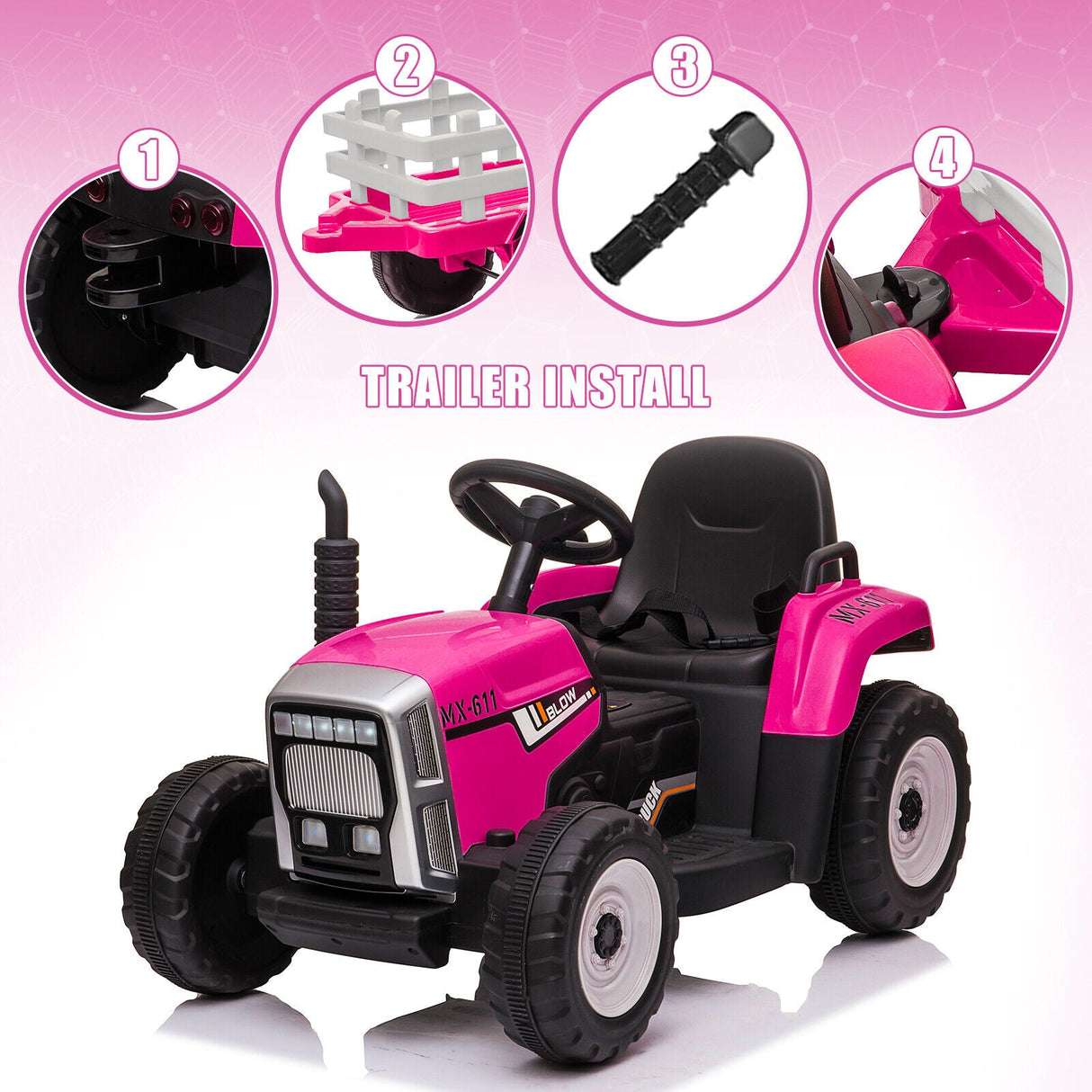 Electric Ride-On Tractor with Trailer and Music for Kids - 12V Battery-Powered Vehicle Toy