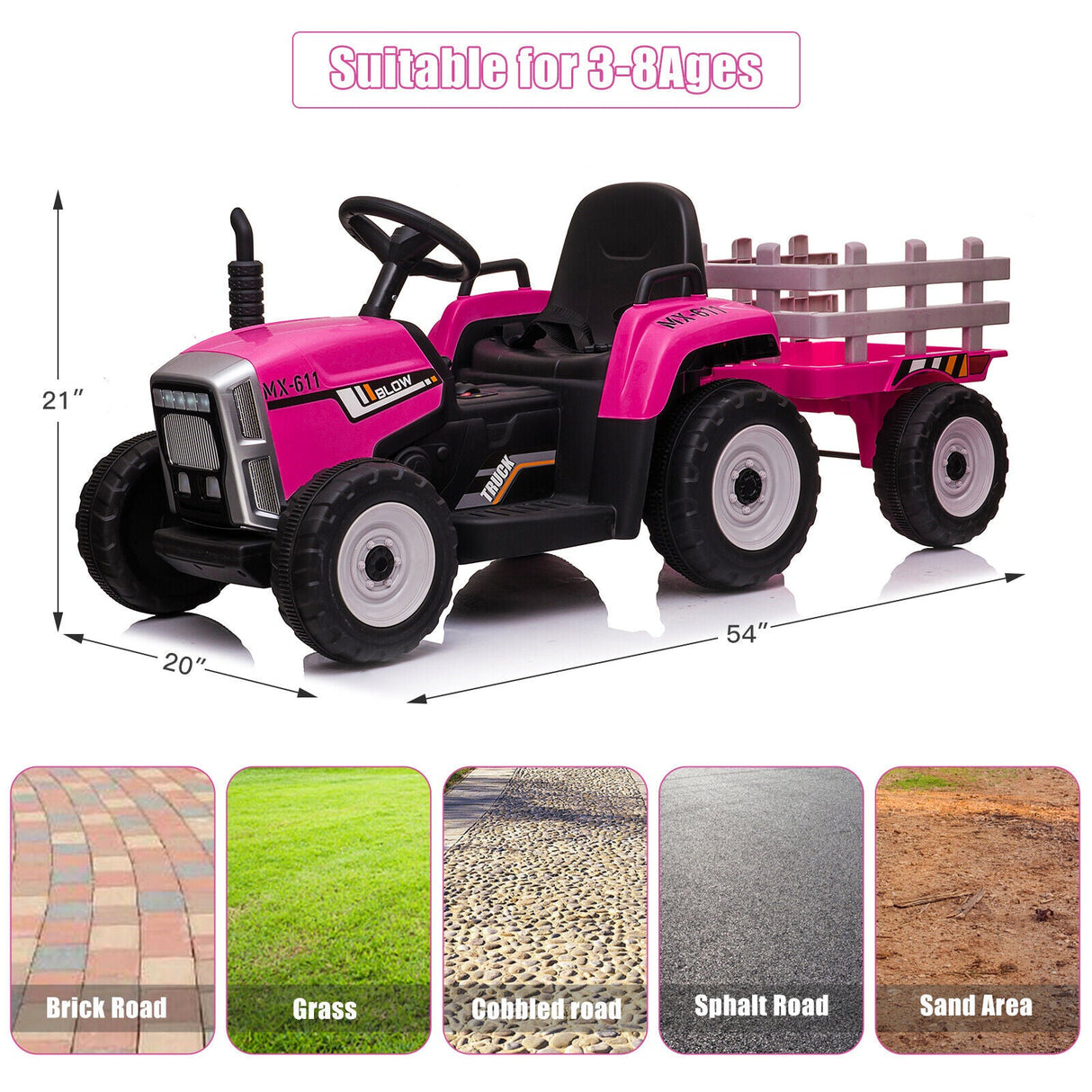 Electric Ride-On Tractor with Trailer and Remote Control for Kids (12V)