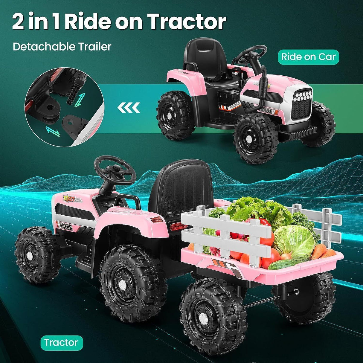 12V Electric Ride-On Tractor with Trailer and Remote Control for Kids - 3 Speed Options
