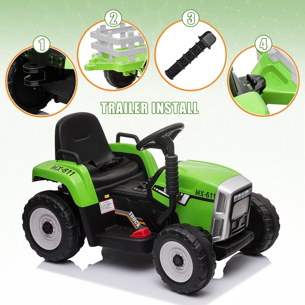 Electric Tractor Ride-On Toy with Trailer for Kids - Remote Control Included