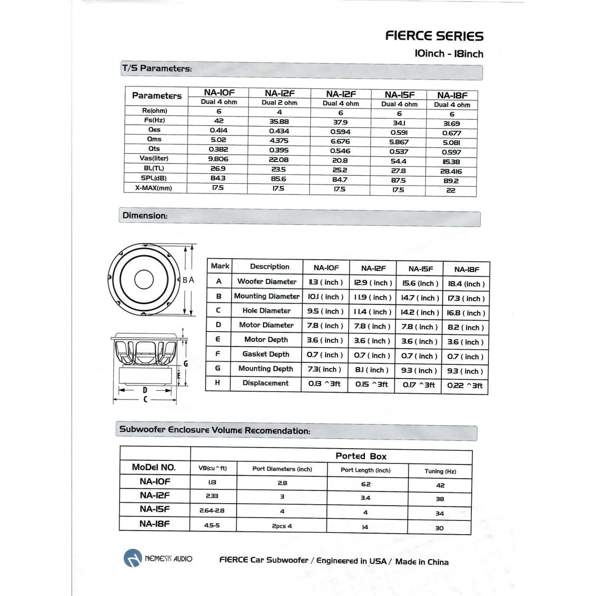 Nemesis Audio NA-12F 12" 1000W RMS Subwoofer DVC Nemesis Audio