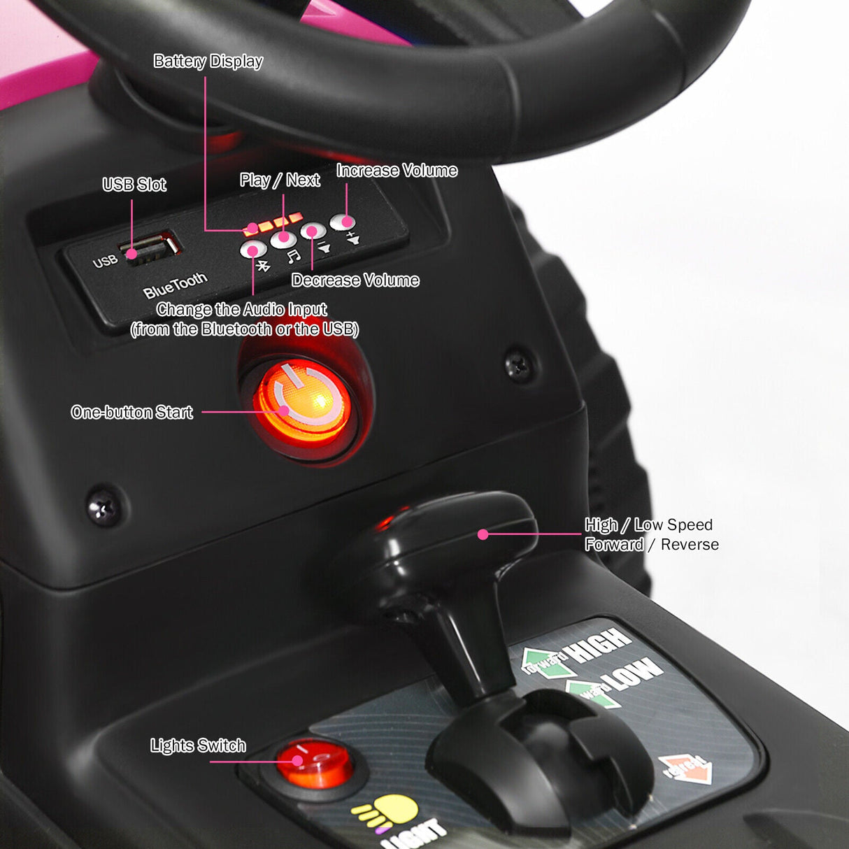 Fun and Functional 12V Pink Ride-On Tractor with Trailer and Remote Control for Kids, Featuring Lights and Ground Loader