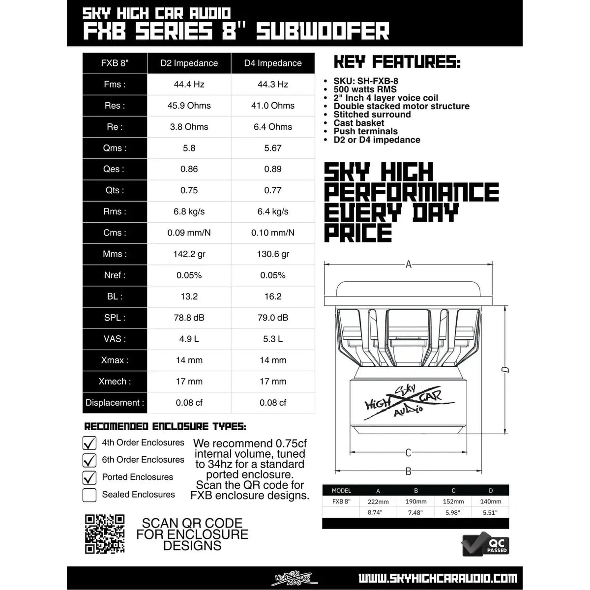 Sky High Car Audio FXB 8" 500W RMS Subwoofer DVC