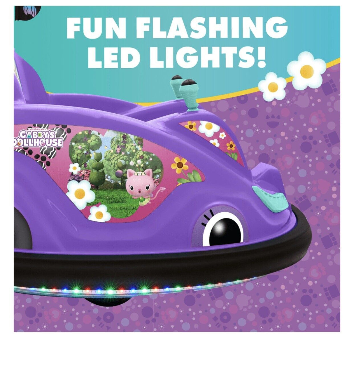 Gabby's Dollhouse 6V Bumper Car: Fun Ride with LED Lights