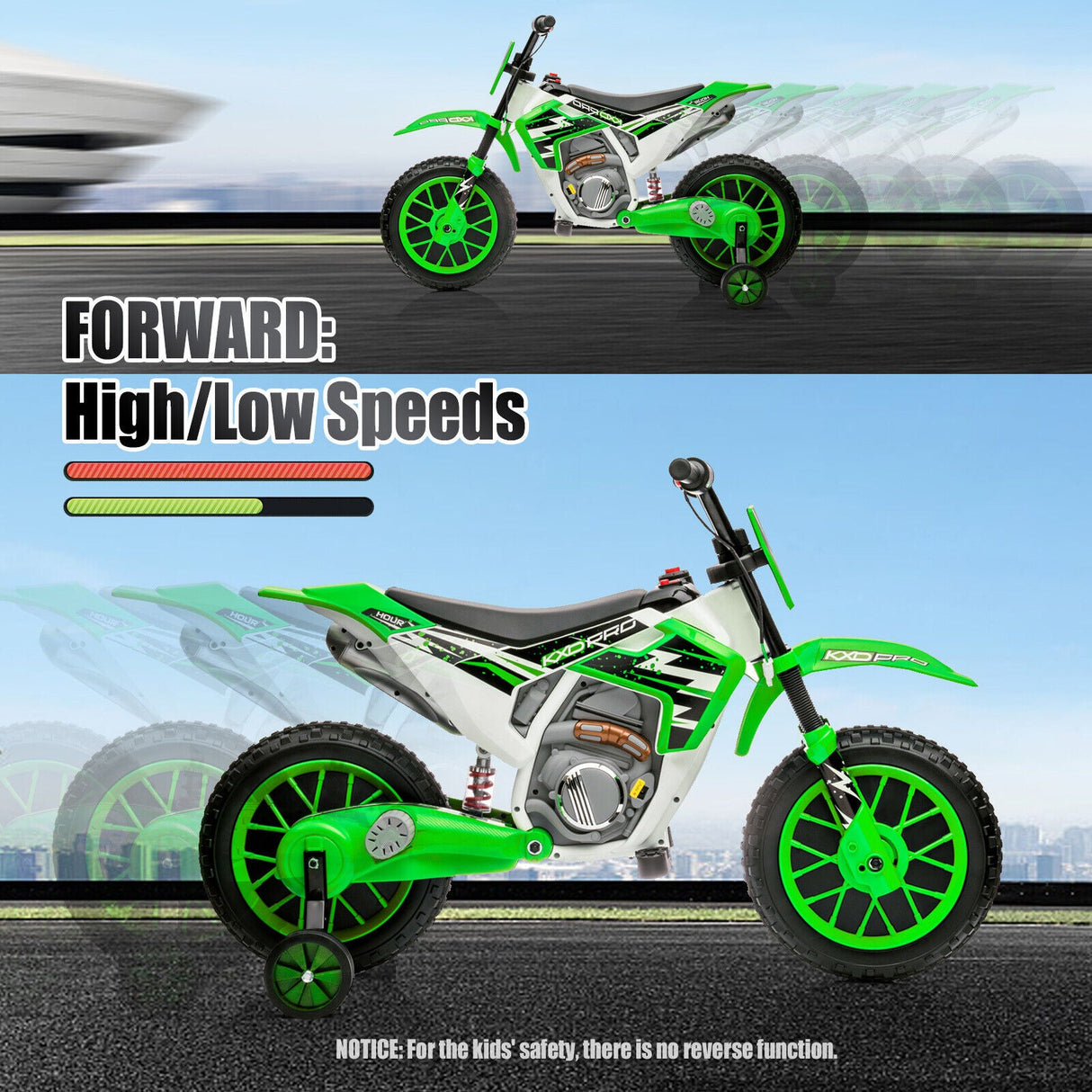 Green 12V Electric Kids Ride-On Motorcycle with Training Wheels