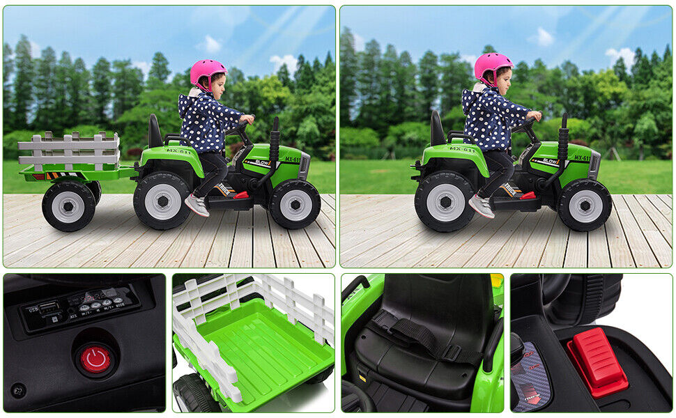 Green 12V Electric Tractor with Trailer for Toddlers - Remote Controlled Ride On Car