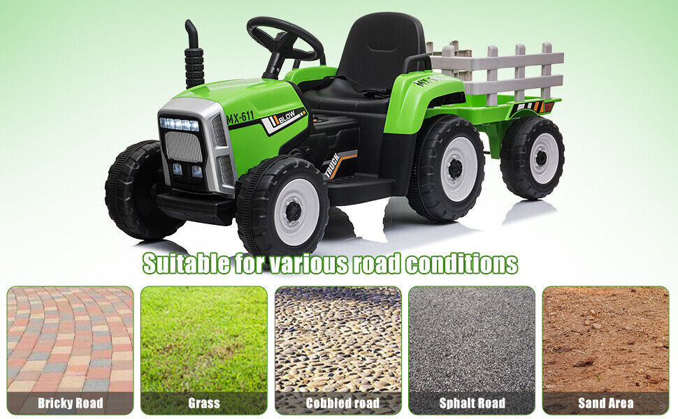Green 12V Electric Tractor with Trailer for Toddlers - Remote Controlled Ride On Car