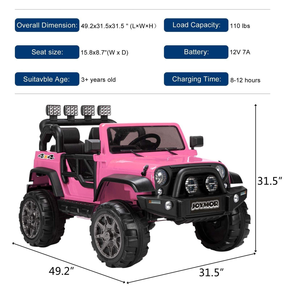 JOYMOR 12V 2-Seater Ride On Truck for Kids with Remote Control, MP3 Player, LED Lights, and Horn